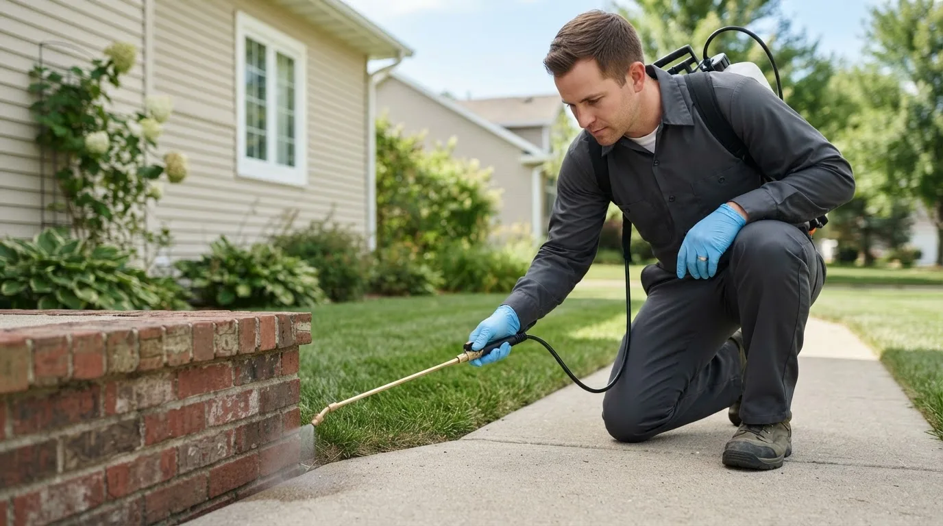 Pest control technician treating a home near Silva, MO